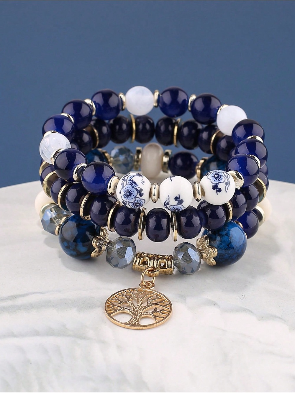 Blue & White Beaded Stack Bracelet Set with Gold Tree Charm